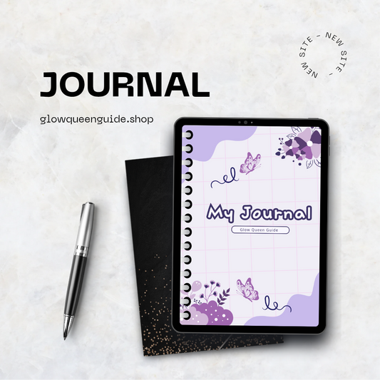 Tablet displaying purple floral My Journal cover with pen and black notebook on marble background guided relaxation journal