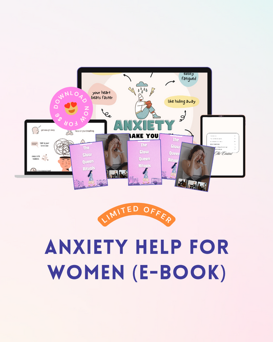 E book bundle shown on laptop tablet and phone with cover art and worksheets offering anxiety relief for women